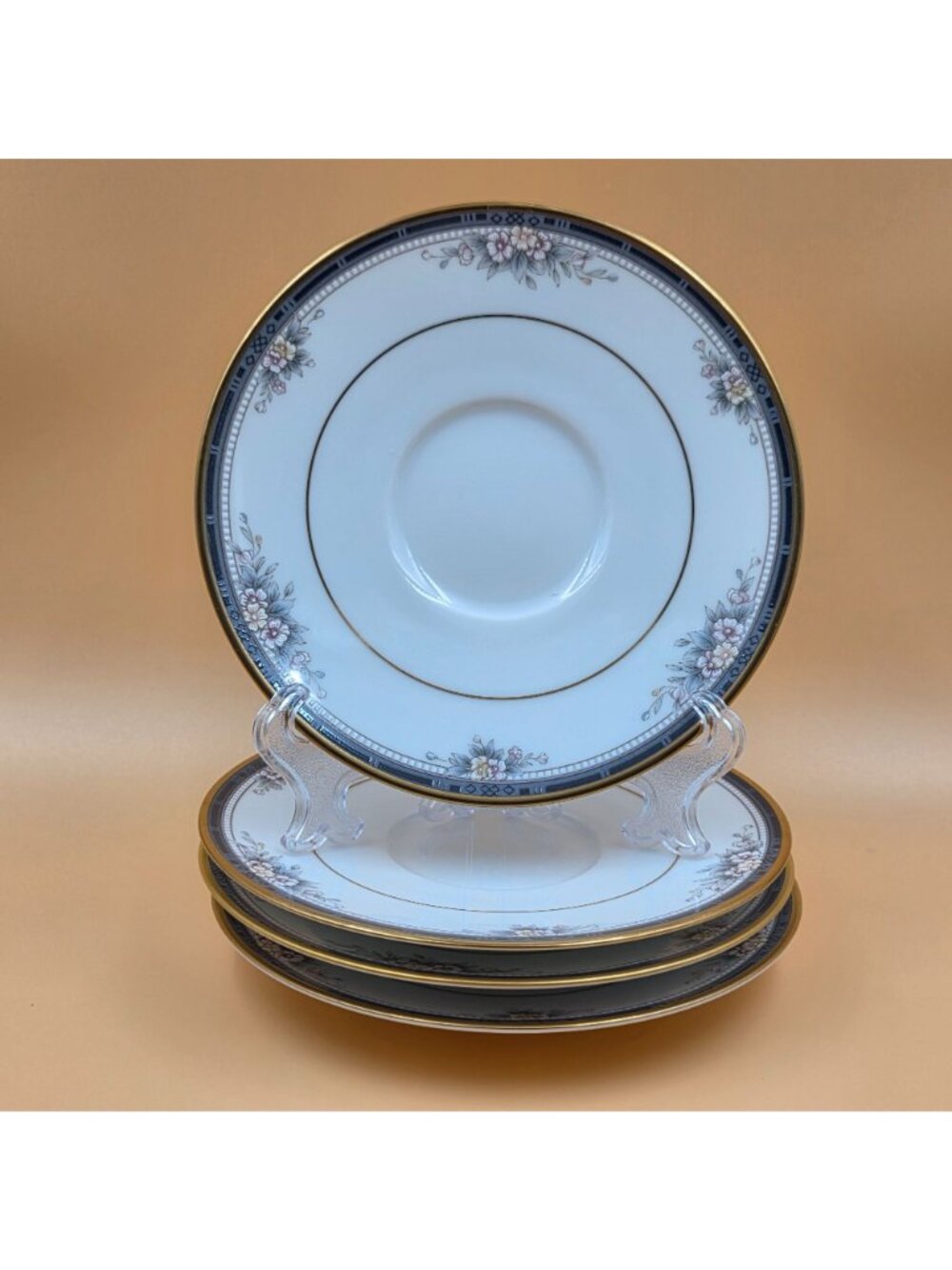 Noritake Ontario Set of 4 Footed Cup and Saucer Blue Gray Band White Pink Flower - Picture 4 of 16